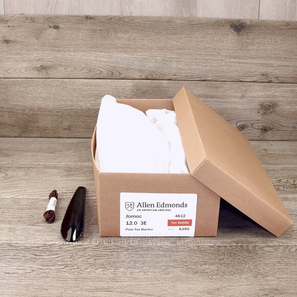 * worn 2x * Allen Edmonds JOMOC Blucher 12 EEE Wide Tan Saddle * add $15 Trees - Picture 10 of 13